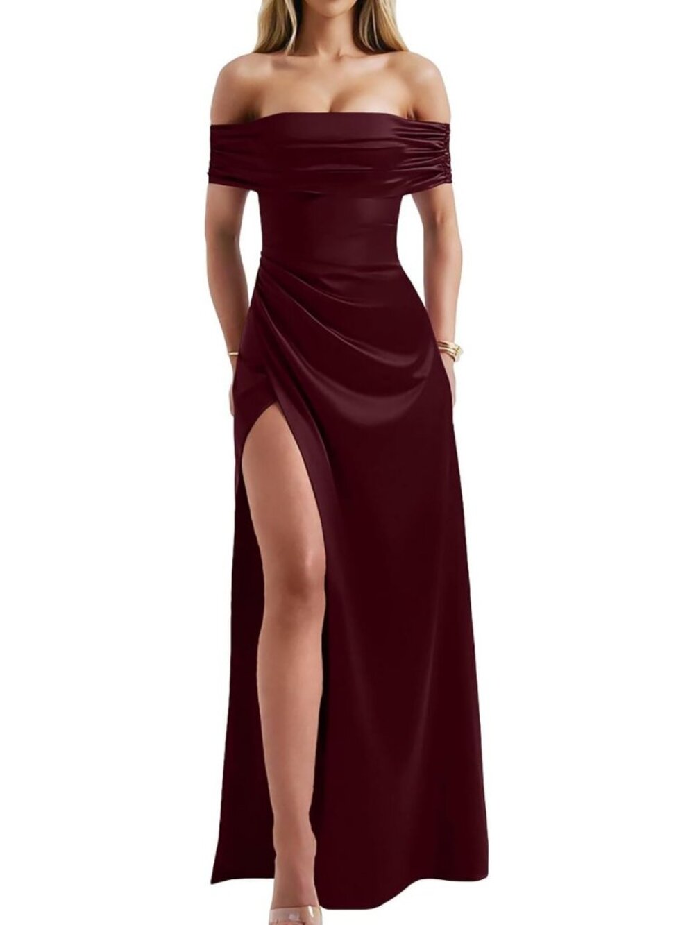 Elegant Off Shoulder High Split Bodycon Maxi Dress for Evening & Wedding Events